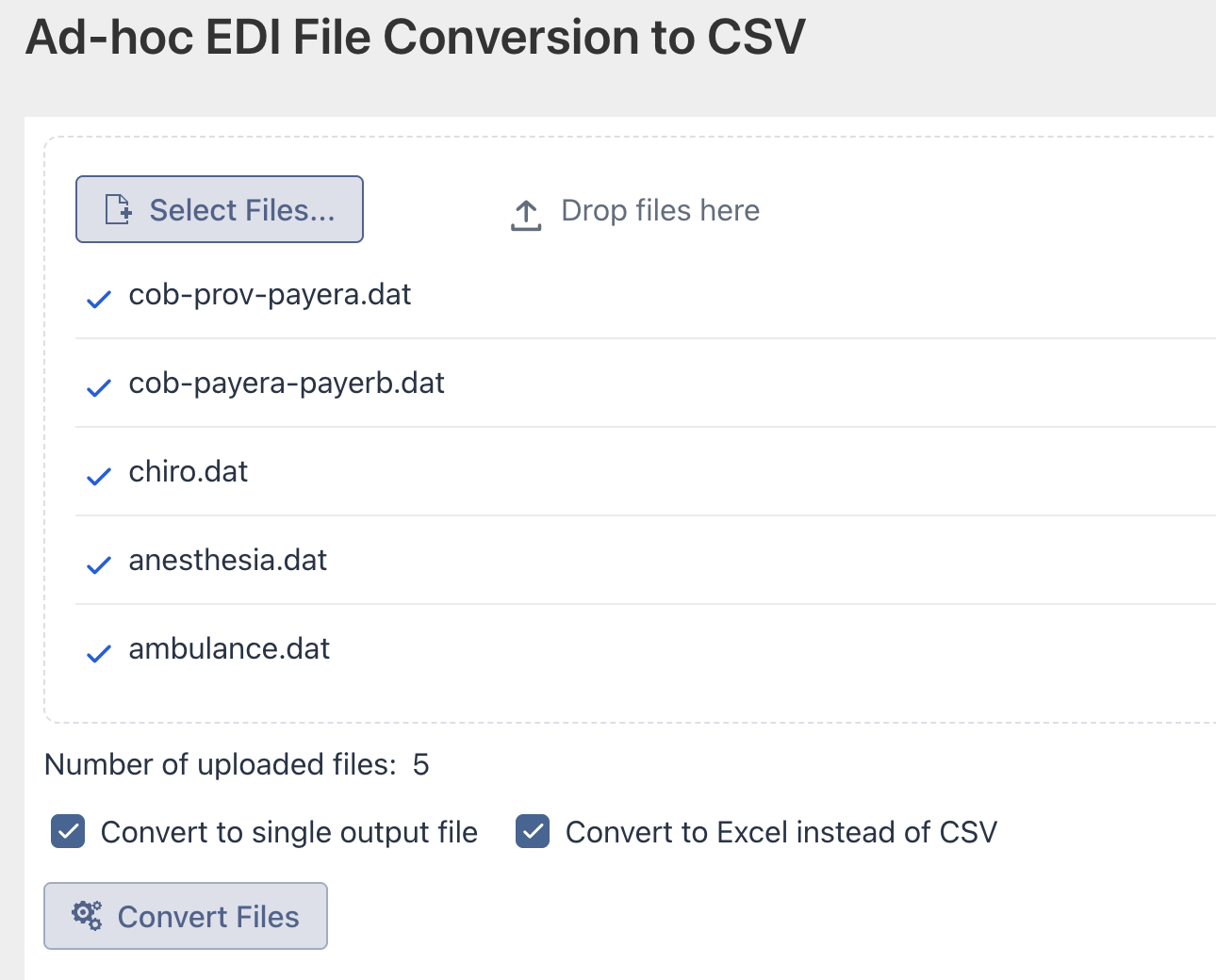 The Ad Hoc EDI File Conversion view with five uploaded files and options to create one combined Excel workbook