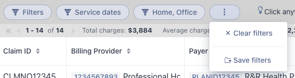 Claims list actions menu showing Clear filters and Save filters beside the active filters
