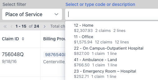 Place of Service filter with a lookup by code or description and matching places of service